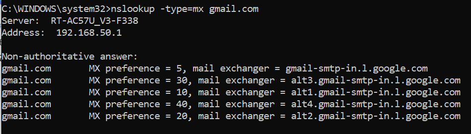 Command Prompt window showing nslookup query for MX records of gmail.com displaying Google's mail servers